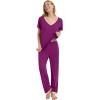 image:imageWiWi Womens Viscose from Bamboo Pajamas Set Short Sleeve Top with Pants Pjs Soft V Neck Sleepwear Lightweight Loungewear S3XAdark Reddish Purple