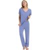 image:imageWiWi Womens Viscose from Bamboo Pajamas Set Short Sleeve Top with Pants Pjs Soft V Neck Sleepwear Lightweight Loungewear S3XAfog Blue