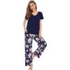 image:imageWiWi Womens Viscose from Bamboo Pajamas Set Short Sleeve Top with Pants Pjs Soft V Neck Sleepwear Lightweight Loungewear S3XDnavyPeony