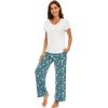 image:imageWiWi Womens Viscose from Bamboo Pajamas Set Short Sleeve Top with Pants Pjs Soft V Neck Sleepwear Lightweight Loungewear S3XDraw WhiteGreen