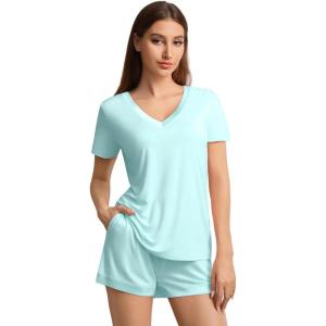 image:imageWiWi Viscose from Bamboo Pajamas Set for Women Super Soft Short Sleeve Cooling Summer Plus Size Pjs Sets Sleepwear S4XBaqua