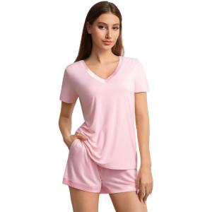 image:imageWiWi Viscose from Bamboo Pajamas Set for Women Super Soft Short Sleeve Cooling Summer Plus Size Pjs Sets Sleepwear S4XBpink