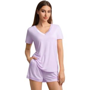 image:imageWiWi Viscose from Bamboo Pajamas Set for Women Super Soft Short Sleeve Cooling Summer Plus Size Pjs Sets Sleepwear S4XBtaro Purple