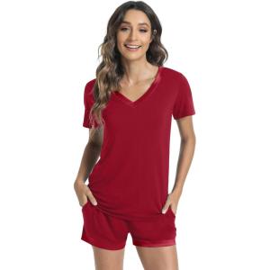 image:imageWiWi Viscose from Bamboo Pajamas Set for Women Super Soft Short Sleeve Cooling Summer Plus Size Pjs Sets Sleepwear S4XBwine Red