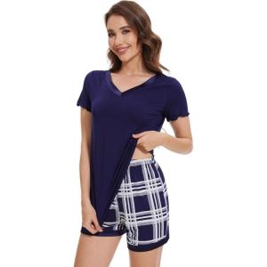 image:imageWiWi Viscose from Bamboo Pajamas Set for Women Super Soft Short Sleeve Cooling Summer Plus Size Pjs Sets Sleepwear S4XCnavynavy Plaid
