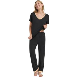 image:imageWiWi Womens Viscose from Bamboo Pajamas Set Short Sleeve Top with Pants Pjs Soft V Neck Sleepwear Lightweight Loungewear S3XAblack