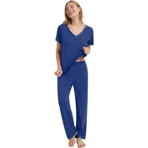 image:imageWiWi Womens Viscose from Bamboo Pajamas Set Short Sleeve Top with Pants Pjs Soft V Neck Sleepwear Lightweight Loungewear S3XAblue Depth