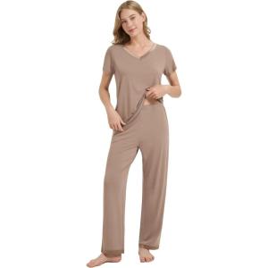 image:imageWiWi Womens Viscose from Bamboo Pajamas Set Short Sleeve Top with Pants Pjs Soft V Neck Sleepwear Lightweight Loungewear S3XAcamel
