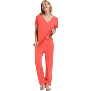 image:imageWiWi Womens Viscose from Bamboo Pajamas Set Short Sleeve Top with Pants Pjs Soft V Neck Sleepwear Lightweight Loungewear S3XAcoral