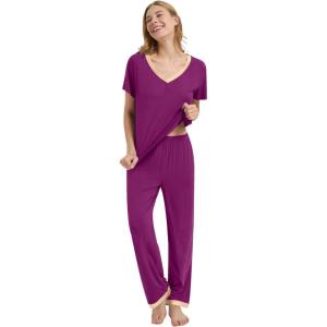 image:imageWiWi Womens Viscose from Bamboo Pajamas Set Short Sleeve Top with Pants Pjs Soft V Neck Sleepwear Lightweight Loungewear S3XAdark Reddish Purple
