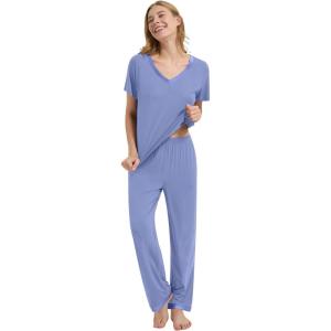 image:imageWiWi Womens Viscose from Bamboo Pajamas Set Short Sleeve Top with Pants Pjs Soft V Neck Sleepwear Lightweight Loungewear S3XAfog Blue
