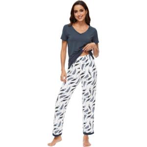 image:imageWiWi Womens Viscose from Bamboo Pajamas Set Short Sleeve Top with Pants Pjs Soft V Neck Sleepwear Lightweight Loungewear S3XAgreen Feather