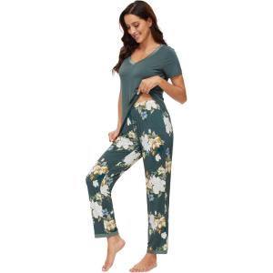 image:imageWiWi Womens Viscose from Bamboo Pajamas Set Short Sleeve Top with Pants Pjs Soft V Neck Sleepwear Lightweight Loungewear S3XAgreenFloral