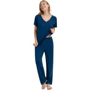 image:imageWiWi Womens Viscose from Bamboo Pajamas Set Short Sleeve Top with Pants Pjs Soft V Neck Sleepwear Lightweight Loungewear S3XAink Blue