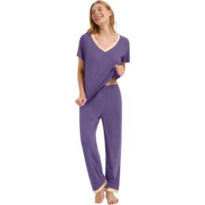 image:imageWiWi Womens Viscose from Bamboo Pajamas Set Short Sleeve Top with Pants Pjs Soft V Neck Sleepwear Lightweight Loungewear S3XAlavender