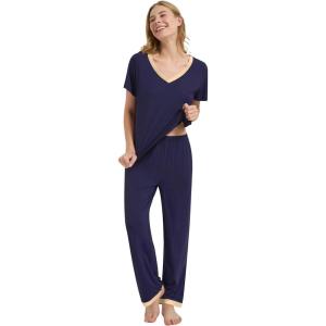 image:imageWiWi Womens Viscose from Bamboo Pajamas Set Short Sleeve Top with Pants Pjs Soft V Neck Sleepwear Lightweight Loungewear S3XAnavy