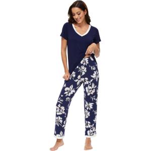 image:imageWiWi Womens Viscose from Bamboo Pajamas Set Short Sleeve Top with Pants Pjs Soft V Neck Sleepwear Lightweight Loungewear S3XAnavy Floral