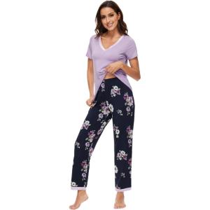 image:imageWiWi Womens Viscose from Bamboo Pajamas Set Short Sleeve Top with Pants Pjs Soft V Neck Sleepwear Lightweight Loungewear S3XAnavyFloral