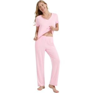 image:imageWiWi Womens Viscose from Bamboo Pajamas Set Short Sleeve Top with Pants Pjs Soft V Neck Sleepwear Lightweight Loungewear S3XApink