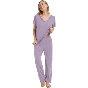 image:imageWiWi Womens Viscose from Bamboo Pajamas Set Short Sleeve Top with Pants Pjs Soft V Neck Sleepwear Lightweight Loungewear S3XAviolet