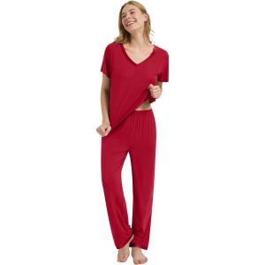 image:imageWiWi Womens Viscose from Bamboo Pajamas Set Short Sleeve Top with Pants Pjs Soft V Neck Sleepwear Lightweight Loungewear S3XAwine Red