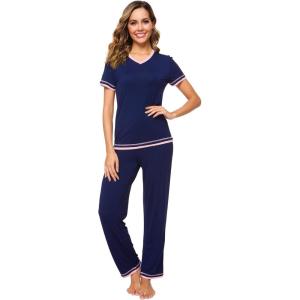 image:imageWiWi Womens Viscose from Bamboo Pajamas Set Short Sleeve Top with Pants Pjs Soft V Neck Sleepwear Lightweight Loungewear S3XBnavy