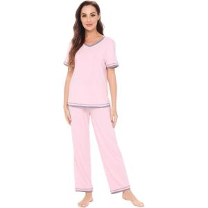 image:imageWiWi Womens Viscose from Bamboo Pajamas Set Short Sleeve Top with Pants Pjs Soft V Neck Sleepwear Lightweight Loungewear S3XBpink