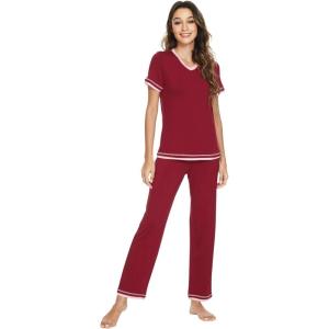 image:imageWiWi Womens Viscose from Bamboo Pajamas Set Short Sleeve Top with Pants Pjs Soft V Neck Sleepwear Lightweight Loungewear S3XBwine