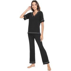 image:imageWiWi Womens Viscose from Bamboo Pajamas Set Short Sleeve Top with Pants Pjs Soft V Neck Sleepwear Lightweight Loungewear S3XCblack