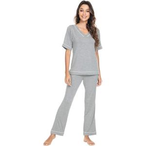image:imageWiWi Womens Viscose from Bamboo Pajamas Set Short Sleeve Top with Pants Pjs Soft V Neck Sleepwear Lightweight Loungewear S3XCheather Grey