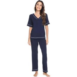 image:imageWiWi Womens Viscose from Bamboo Pajamas Set Short Sleeve Top with Pants Pjs Soft V Neck Sleepwear Lightweight Loungewear S3XCnavy