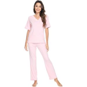 image:imageWiWi Womens Viscose from Bamboo Pajamas Set Short Sleeve Top with Pants Pjs Soft V Neck Sleepwear Lightweight Loungewear S3XCpink