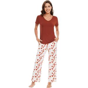 image:imageWiWi Womens Viscose from Bamboo Pajamas Set Short Sleeve Top with Pants Pjs Soft V Neck Sleepwear Lightweight Loungewear S3XDbrickred