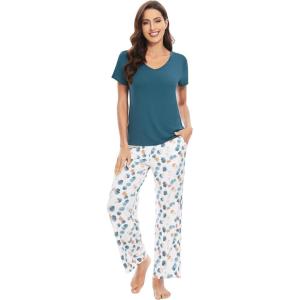 image:imageWiWi Womens Viscose from Bamboo Pajamas Set Short Sleeve Top with Pants Pjs Soft V Neck Sleepwear Lightweight Loungewear S3XDgreen