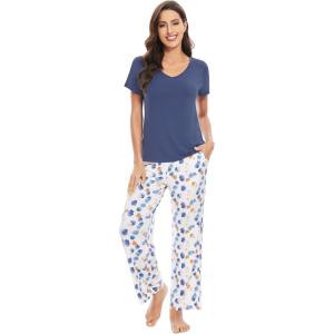 image:imageWiWi Womens Viscose from Bamboo Pajamas Set Short Sleeve Top with Pants Pjs Soft V Neck Sleepwear Lightweight Loungewear S3XDindio Blue