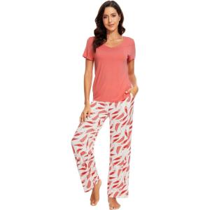 image:imageWiWi Womens Viscose from Bamboo Pajamas Set Short Sleeve Top with Pants Pjs Soft V Neck Sleepwear Lightweight Loungewear S3XDlight Coral Print