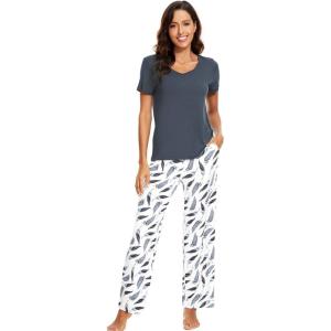 image:imageWiWi Womens Viscose from Bamboo Pajamas Set Short Sleeve Top with Pants Pjs Soft V Neck Sleepwear Lightweight Loungewear S3XDmidnight Blue Print