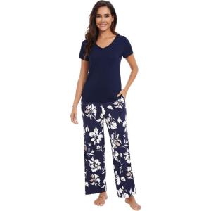 image:imageWiWi Womens Viscose from Bamboo Pajamas Set Short Sleeve Top with Pants Pjs Soft V Neck Sleepwear Lightweight Loungewear S3XDnavy Floral