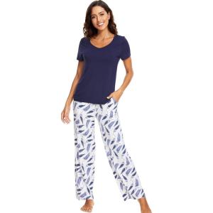 image:imageWiWi Womens Viscose from Bamboo Pajamas Set Short Sleeve Top with Pants Pjs Soft V Neck Sleepwear Lightweight Loungewear S3XDnavy Print