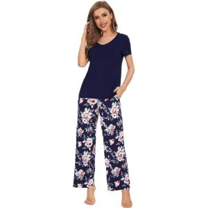 image:imageWiWi Womens Viscose from Bamboo Pajamas Set Short Sleeve Top with Pants Pjs Soft V Neck Sleepwear Lightweight Loungewear S3XDnavyPeony