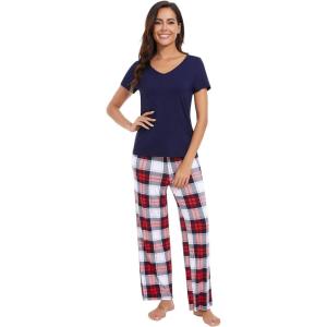 image:imageWiWi Womens Viscose from Bamboo Pajamas Set Short Sleeve Top with Pants Pjs Soft V Neck Sleepwear Lightweight Loungewear S3XDnavyRed Plaid