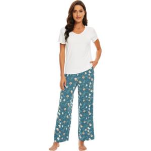 image:imageWiWi Womens Viscose from Bamboo Pajamas Set Short Sleeve Top with Pants Pjs Soft V Neck Sleepwear Lightweight Loungewear S3XDraw WhiteGreen
