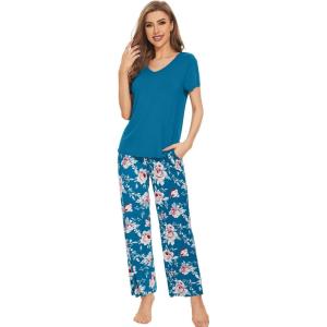 image:imageWiWi Womens Viscose from Bamboo Pajamas Set Short Sleeve Top with Pants Pjs Soft V Neck Sleepwear Lightweight Loungewear S3XDteal BluePeony