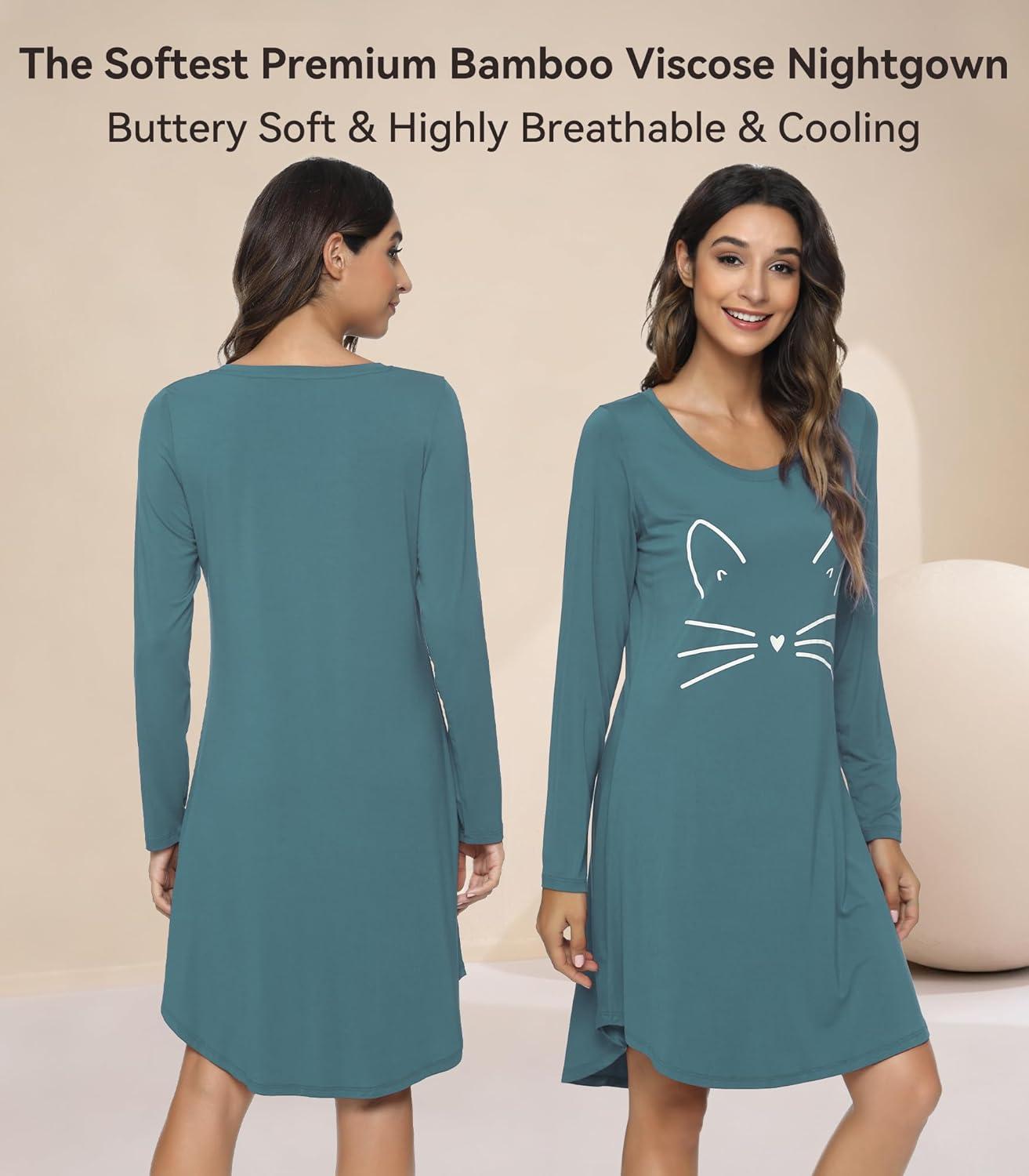image:imageWiWi Bamboo Viscose Nightgowns for Women Cool Sleep Shirt Super Soft Long Sleeve Lightweight Plus Size Nightshirt S4XBvintage IndigoCat