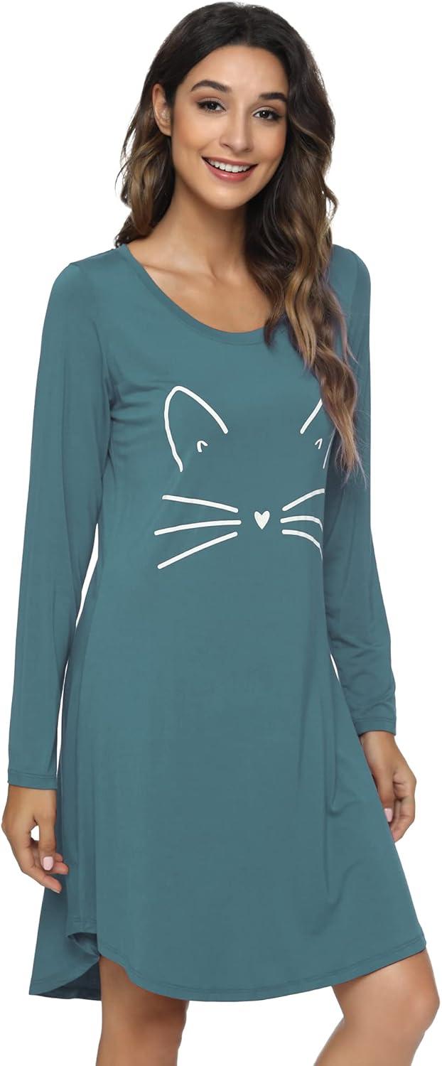 image:imageWiWi Bamboo Viscose Nightgowns for Women Cool Sleep Shirt Super Soft Long Sleeve Lightweight Plus Size Nightshirt S4XBvintage IndigoCat