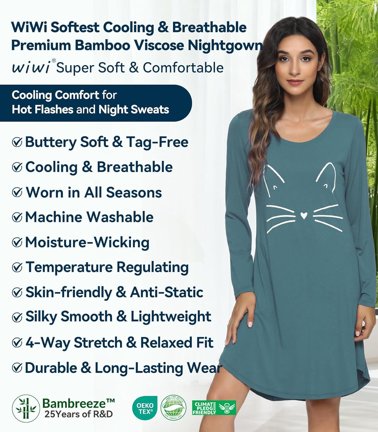 image:imageWiWi Bamboo Viscose Nightgowns for Women Cool Sleep Shirt Super Soft Long Sleeve Lightweight Plus Size Nightshirt S4XBvintage IndigoCat
