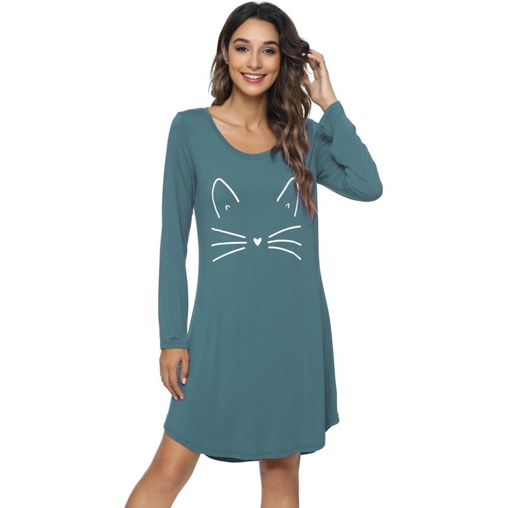 image:imageWiWi Bamboo Viscose Nightgowns for Women Cool Sleep Shirt Super Soft Long Sleeve Lightweight Plus Size Nightshirt S4XBvintage IndigoCat