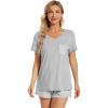 image:imageWiWi Womens Pajamas Set Bamboo Viscose Super Soft Short Sleeve Top Ruffle Shorts Sleepwear Cooling Pj Sets SXXLCheather Grey Stripe