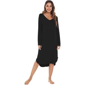 image:imageWiWi Bamboo Viscose Nightgowns for Women Soft Long Sleeve Sleep Shirt Nightshirts Cooling Pajamas Sleepwear S4XAblack