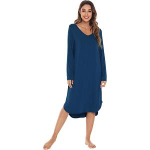 image:imageWiWi Bamboo Viscose Nightgowns for Women Soft Long Sleeve Sleep Shirt Nightshirts Cooling Pajamas Sleepwear S4XAink Blue
